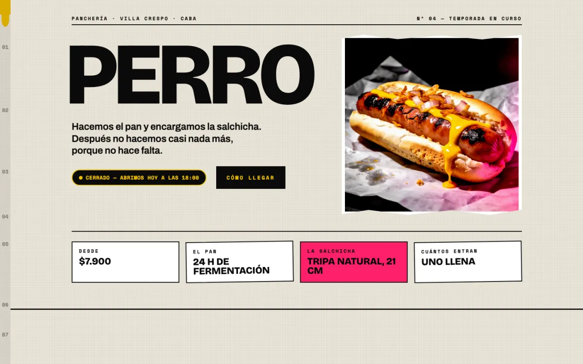 Portada de Perro en escritorio: el nombre gigante, un pancho y cuatro datos del local