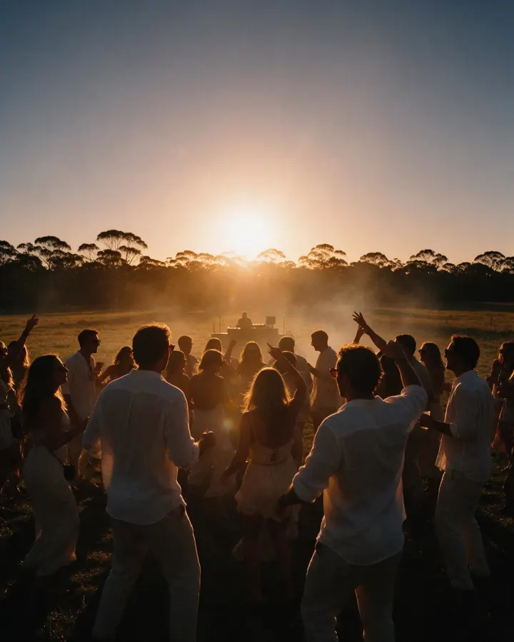 Gente bailando en la pista al caer el sol, generado para RWS