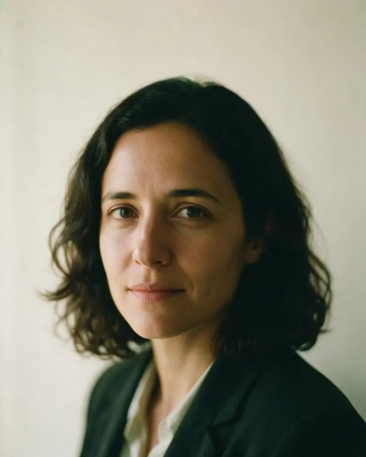 Carolina Ferreyra, retrato de frente sobre fondo claro.