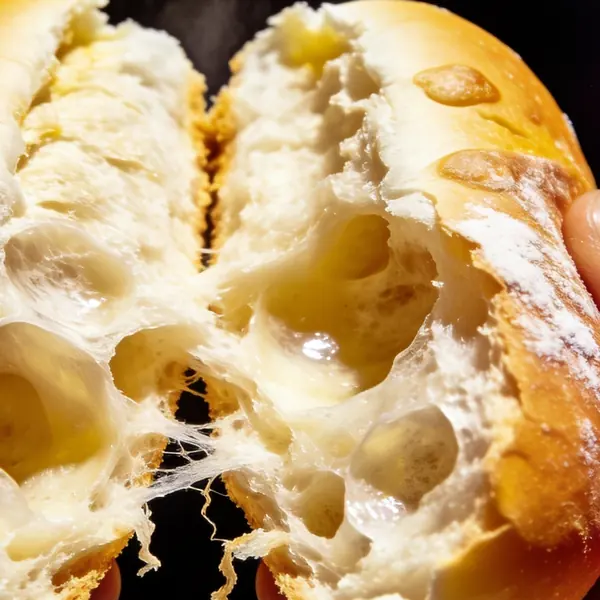 Un pan de pancho abierto a la mitad, con la miga muy alveolada, huecos grandes y brillantes y hebras de masa colgando entre las dos mitades.