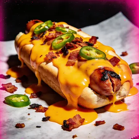 Pancho cubierto de cheddar fundido que chorrea hasta el papel, con panceta quemada y aros de jalapeño.