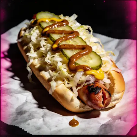 Pancho con una maraña de chucrut, rodajas de pepino en vinagre y un zigzag de mostaza oscura granulada.