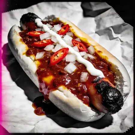 Pancho ahogado en salsa roja oscura con cebolla blanca picada, rodajas de ají fresco y una línea de crema ácida.