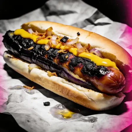 Una tira larga de berenjena ahumada, con la piel quemada y negra, dentro del pan con mostaza y cebolla frita.