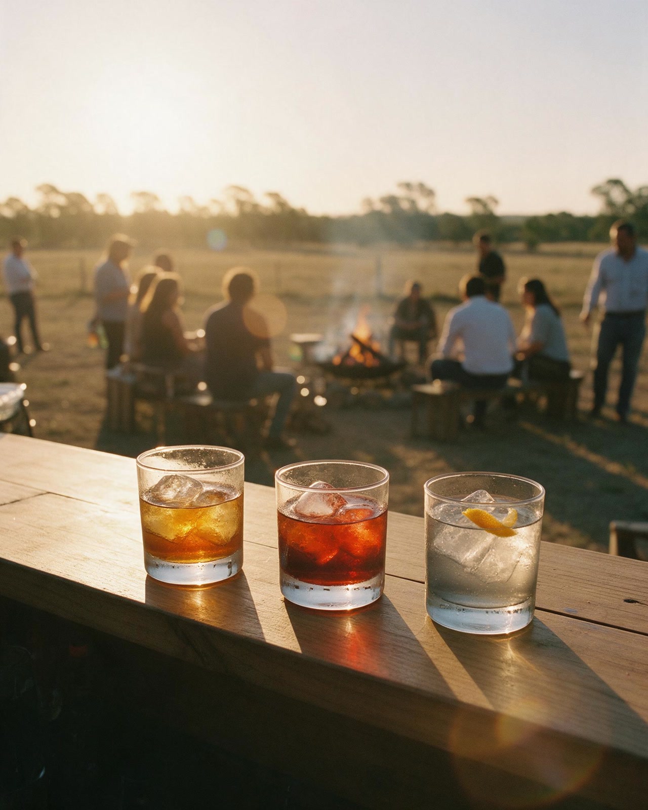 Tres tragos cortos con hielo sobre una barra de madera al atardecer.