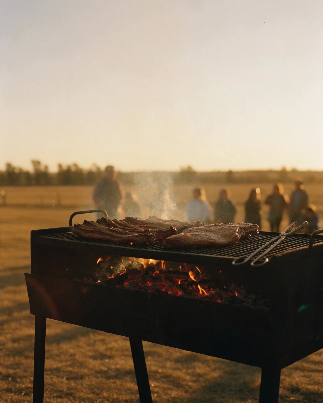 Parrilla de hierro sobre brasas con asado y vacío, humo a contraluz.